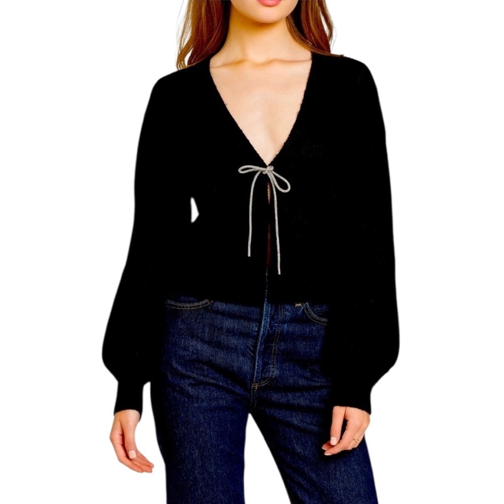 WAYF Black Crystal Front Tie Bow Cardigan Sweater NWT (SWD)